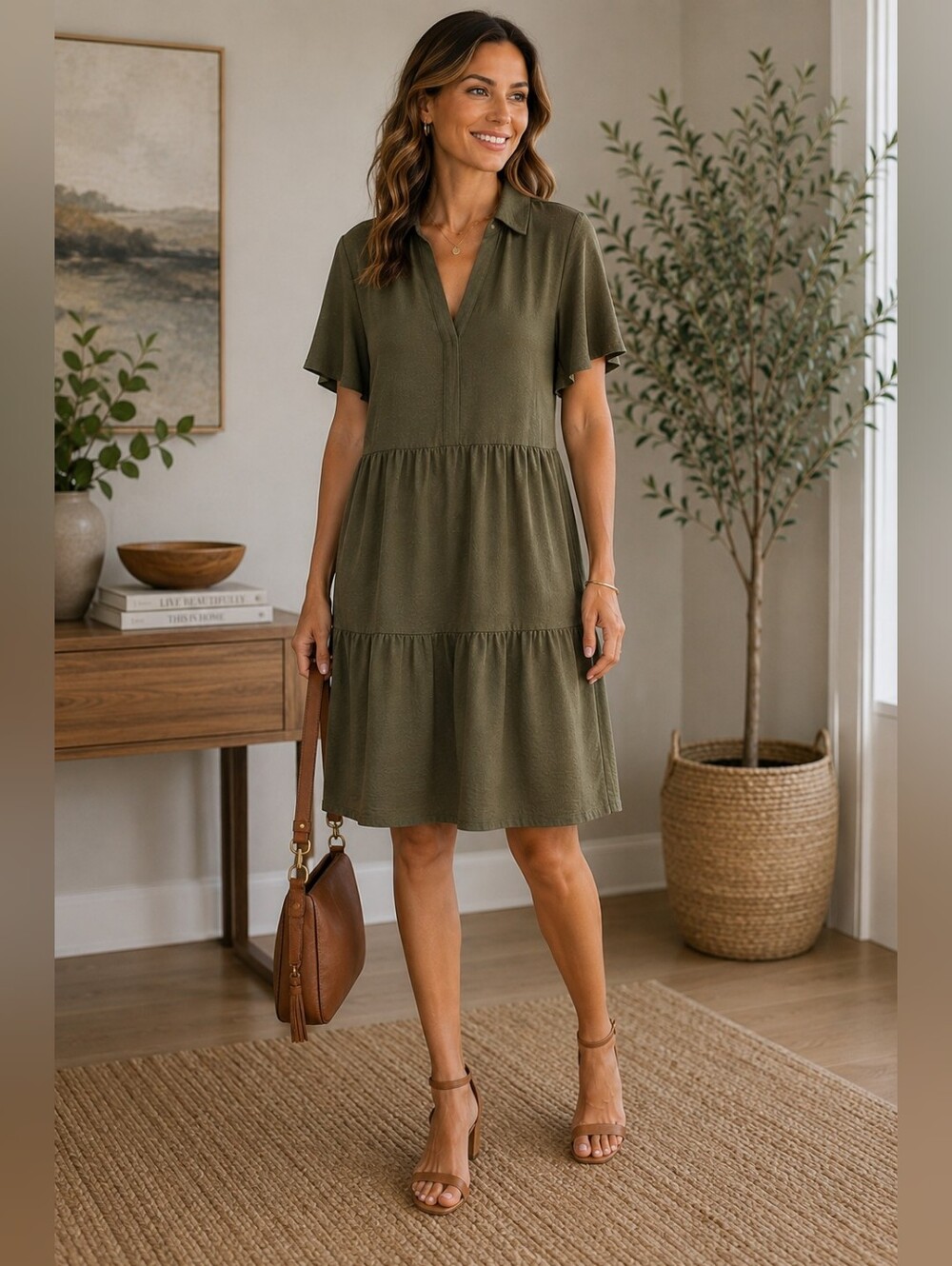 Tahari Olive Green Tiered Mini Dress